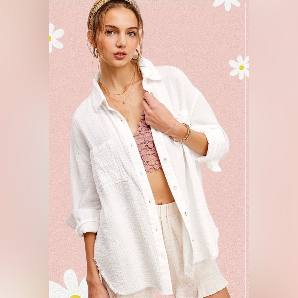 La Miel White Button Down All Season Gauze Shirts